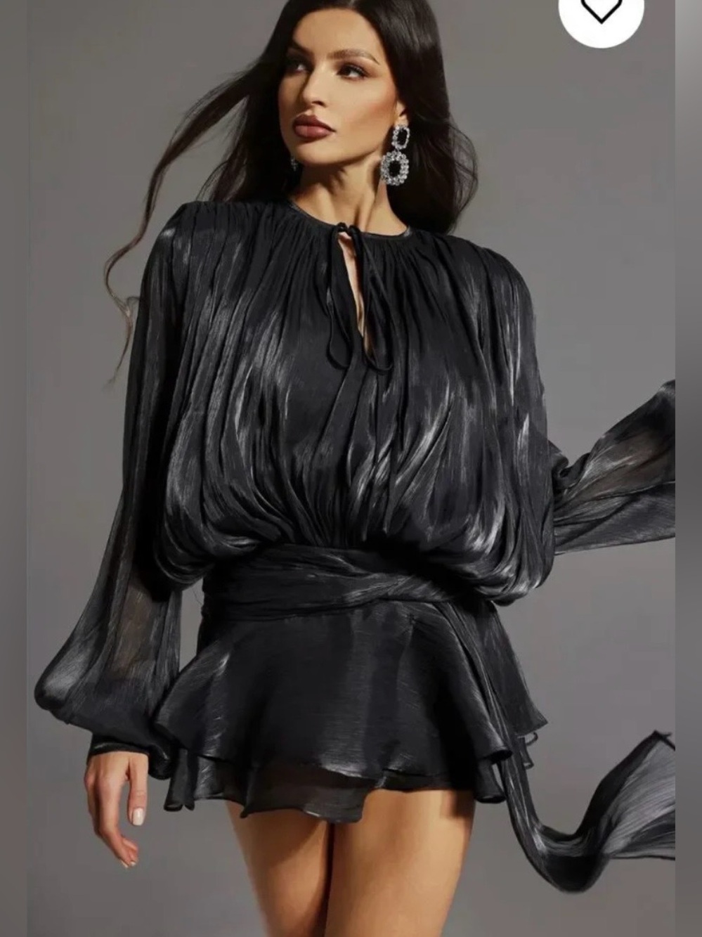 Black Pleated Blouson Mini Dress with Tie-Neck and Flared Skirt